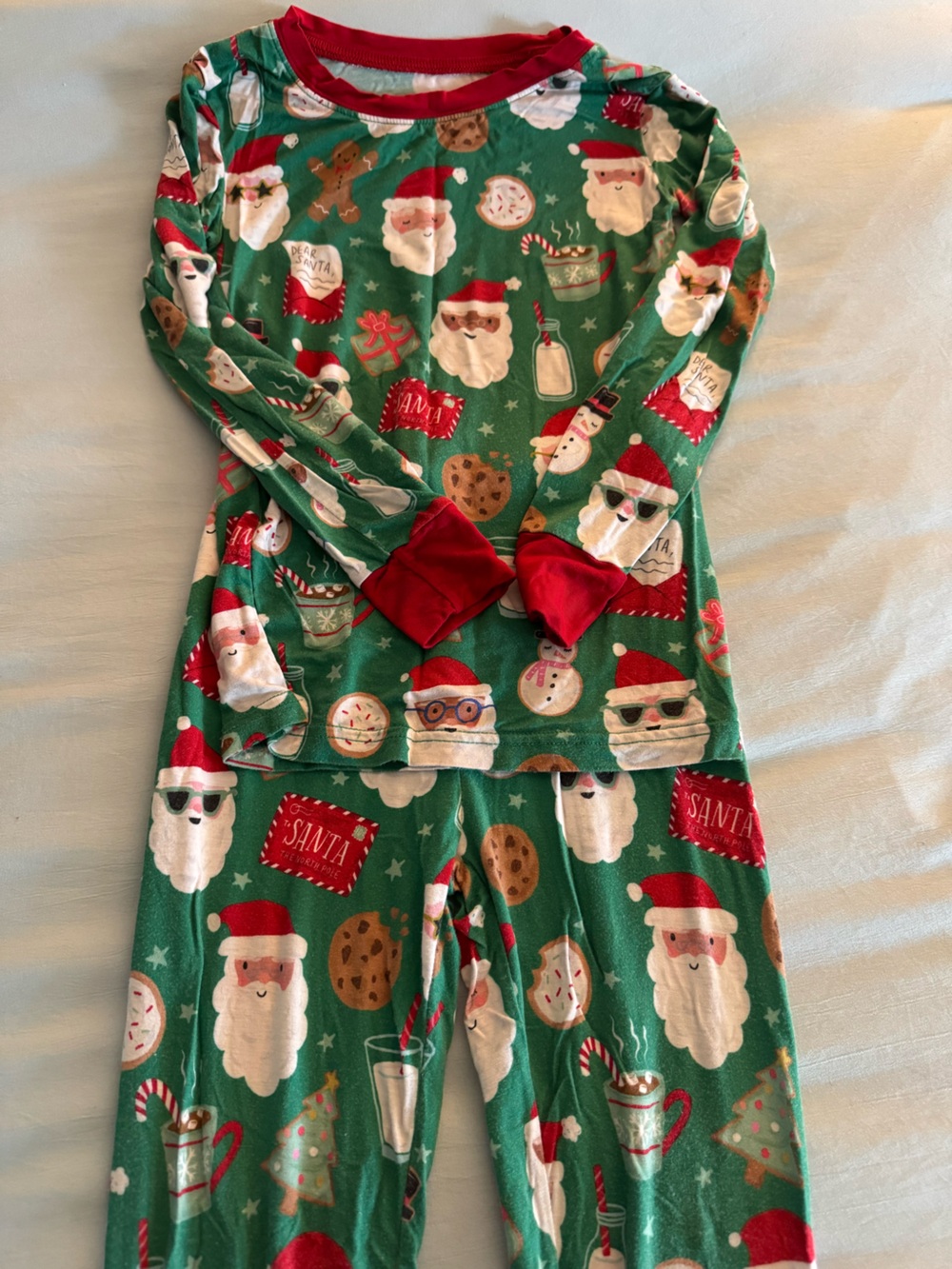 Little Sleepies Green Santa Print Pajama Set with Red Trim